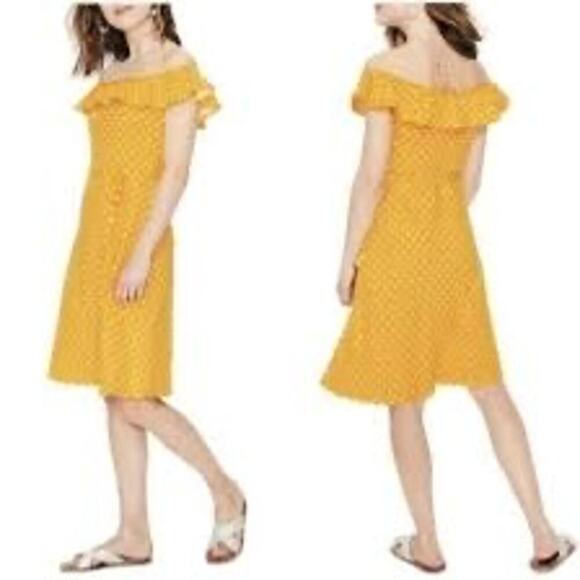 NWT Boden Bethany Polka Dot Yellow Off Shoulder Midi Dress Womens Size 14R - Picture 1 of 13